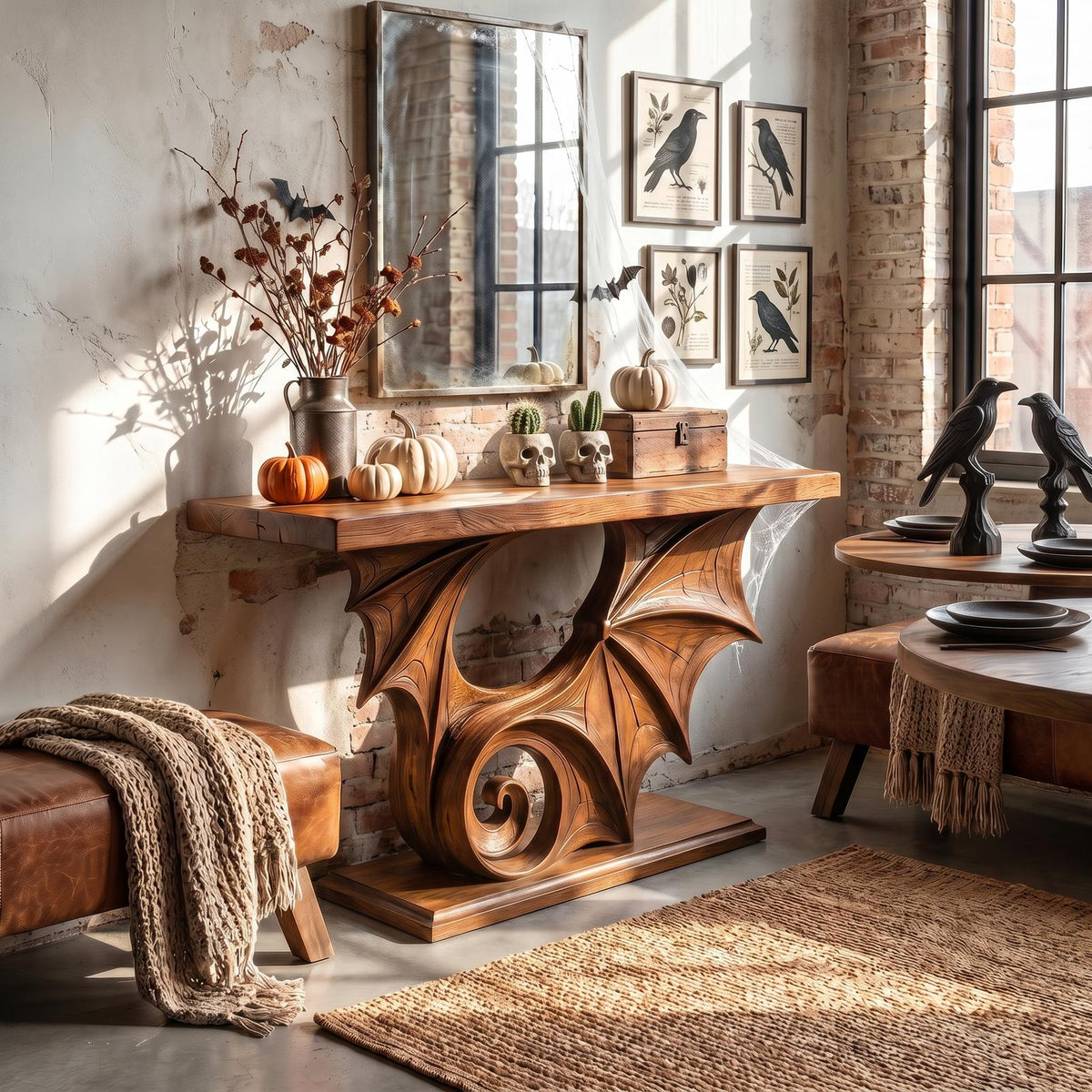 Gothic Halloween Console Table With Sculptural Bat Design For Entryway And Hallway