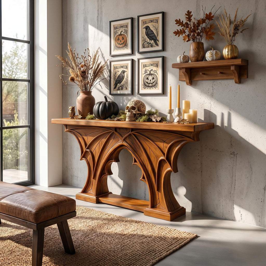 Rustic Halloween Console Table With Bat Wing Inspired Design For Hallway