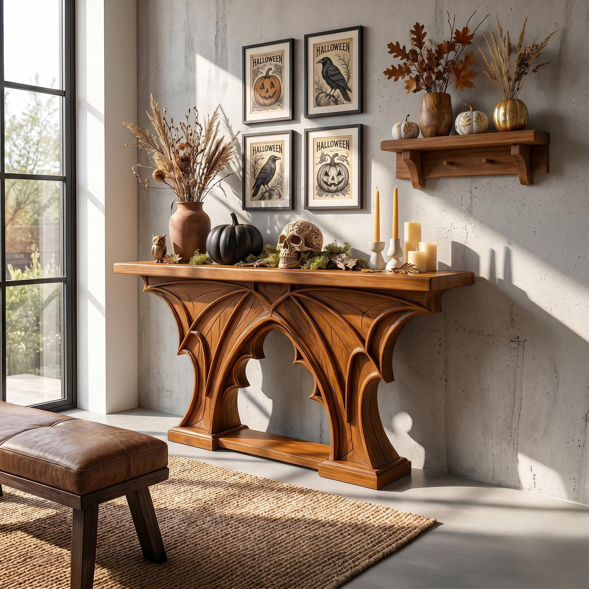 Rustic Halloween Console Table With Bat Wing Inspired Design For Hallway