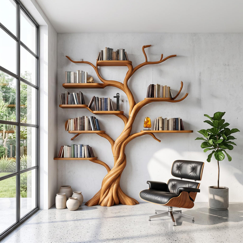 Rustic Tree Bookshelf, Solid Wood Wall Mounted Bookcase & Artistic Hanging Display Organizer for Modern Living Room