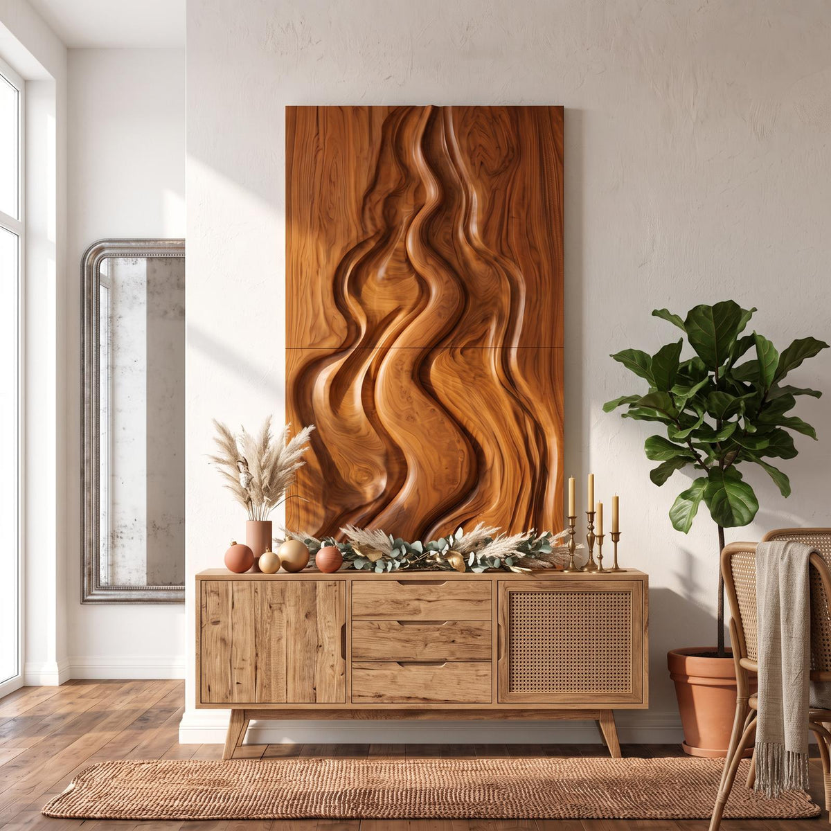 Natural Christmas Abstract Wall Decor With Fluid Carved Design For Bedroom