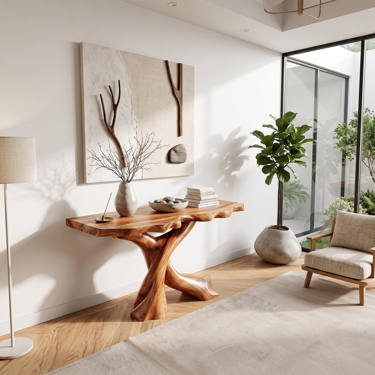 Mid Century Modern Console Table, Carved Solid Wood X-Base, Handcrafted Entryway & Foyer Accent Table
