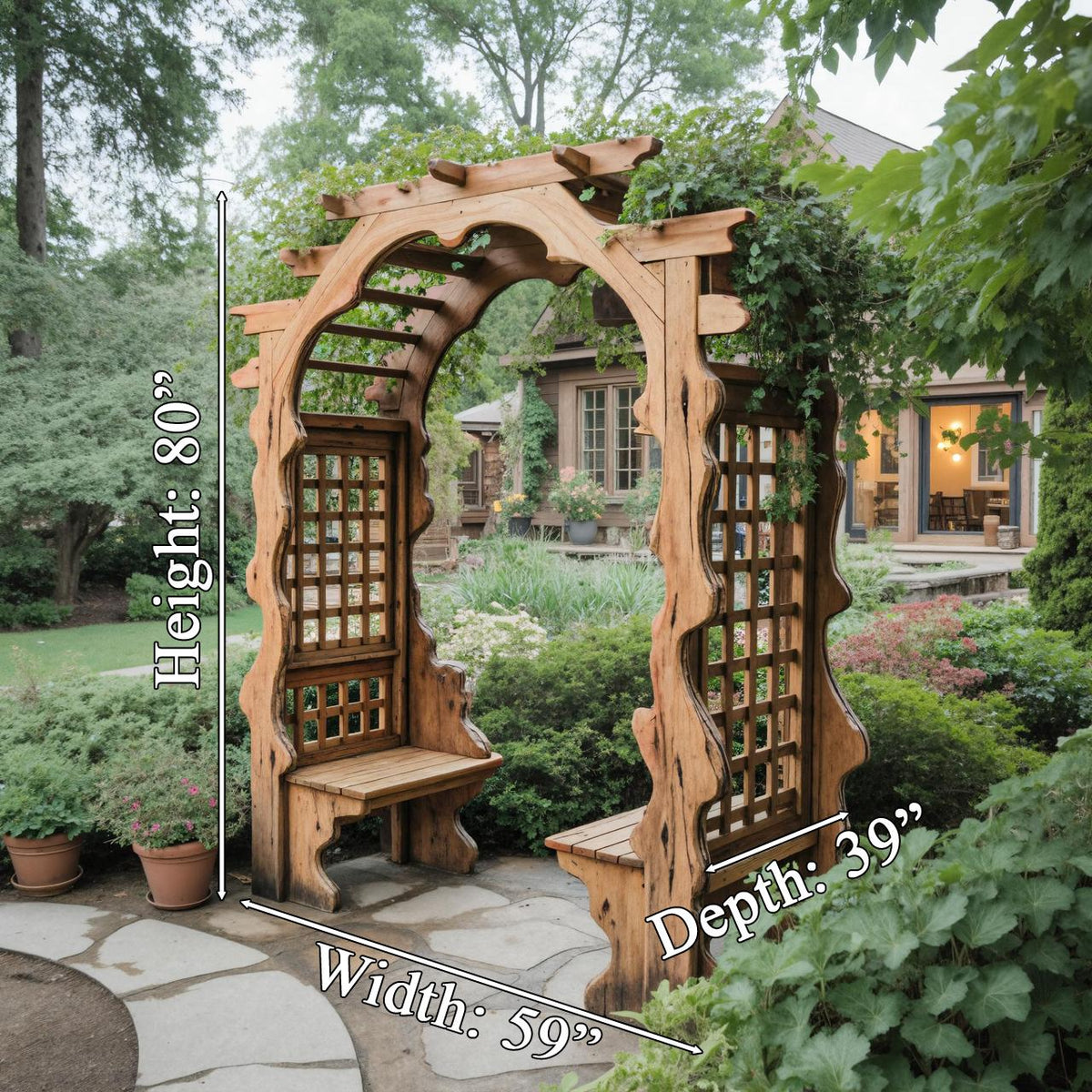Rustic Wooden Garden Arbor With Built In Bench Seating For Patio Or Backyard
