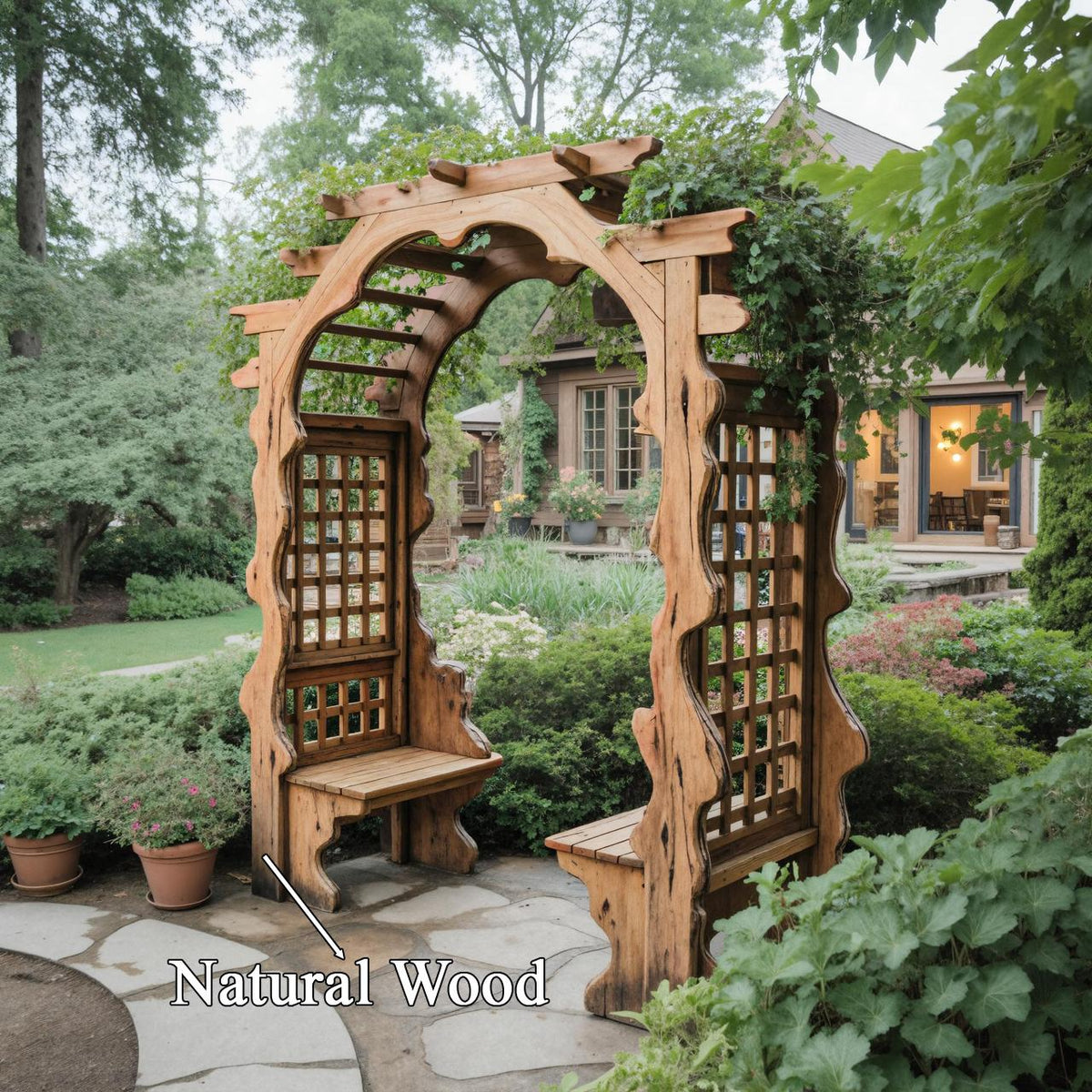 Rustic Wooden Garden Arbor With Built In Bench Seating For Patio Or Backyard