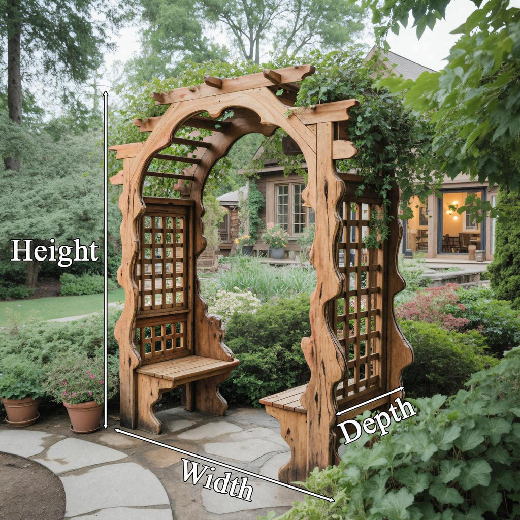 Rustic Wooden Garden Arbor With Built In Bench Seating For Patio Or Backyard