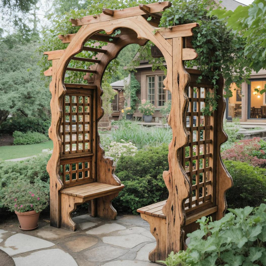Rustic Wooden Garden Arbor With Built In Bench Seating For Patio Or Backyard