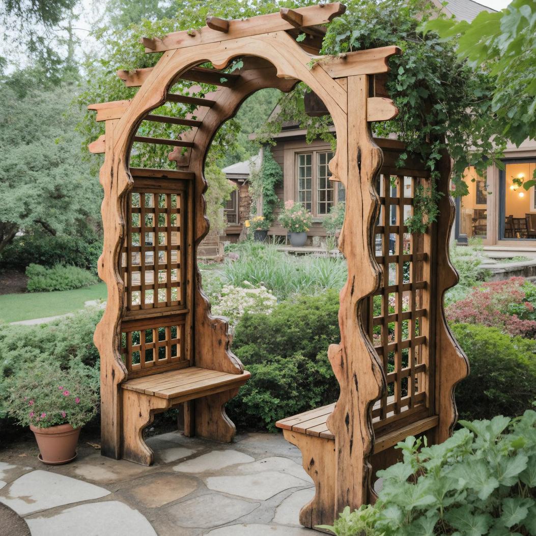 Rustic Wooden Garden Arbor With Built In Bench Seating For Patio Or Backyard