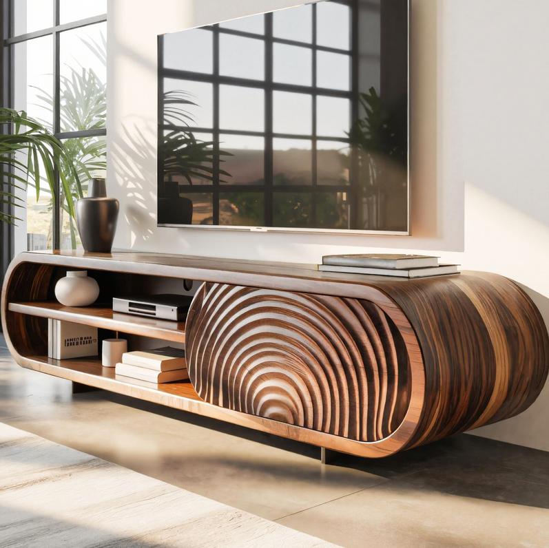Modern Rounded Wood TV Stand With Sculpted Doors For Living Room