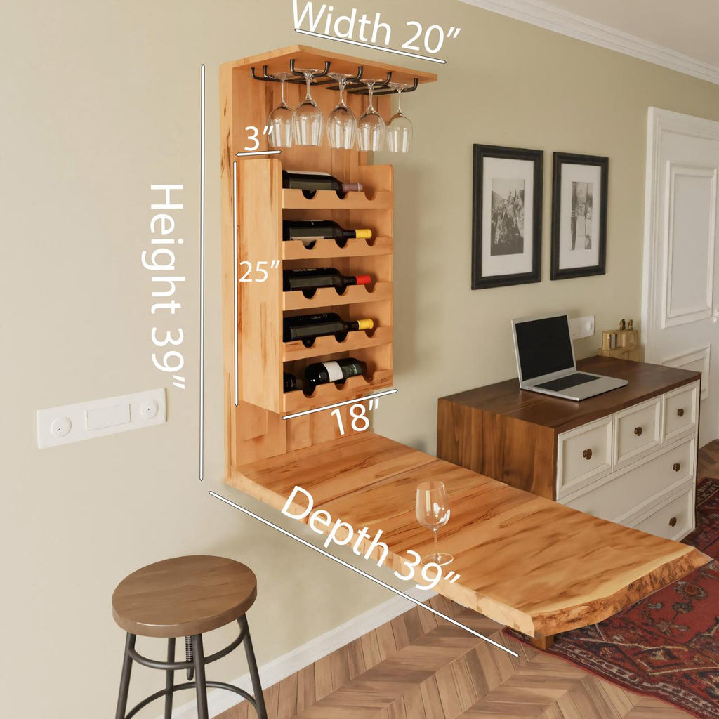 Wall Mounted Wine Rack With Folding Live Edge Table For Kitchen Or Bar