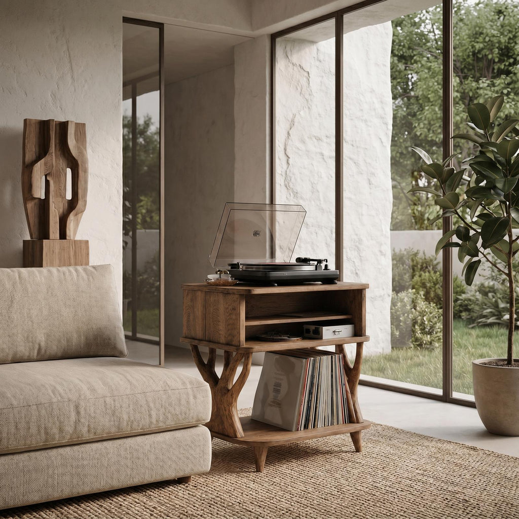 Organic Record Player Stand, Solid Wood Turntable Table with Drawer Storage & Vinyl Shelf