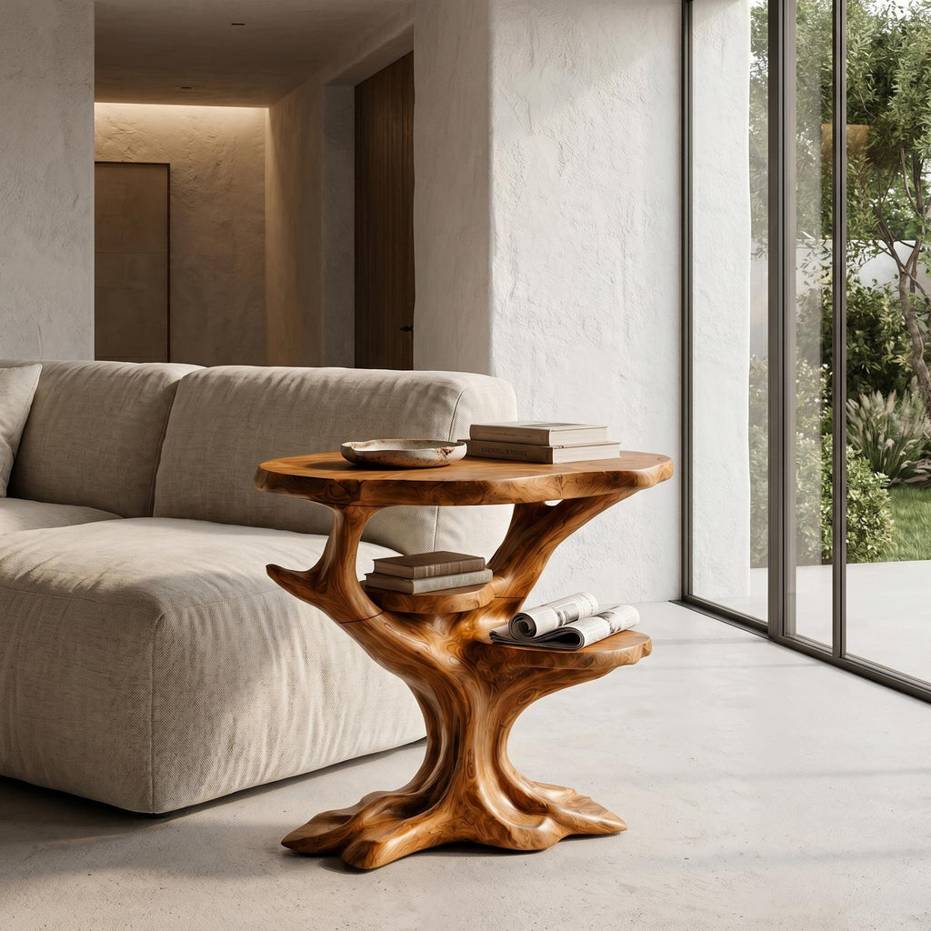 Organic Sculptural Side Table, Solid Wood Display End Table & Nightstand for Living Room and Bedroom