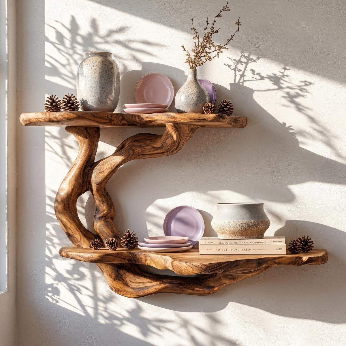 Handcrafted Floating Shelf With Sculptural Tree Form For Living Room Decor