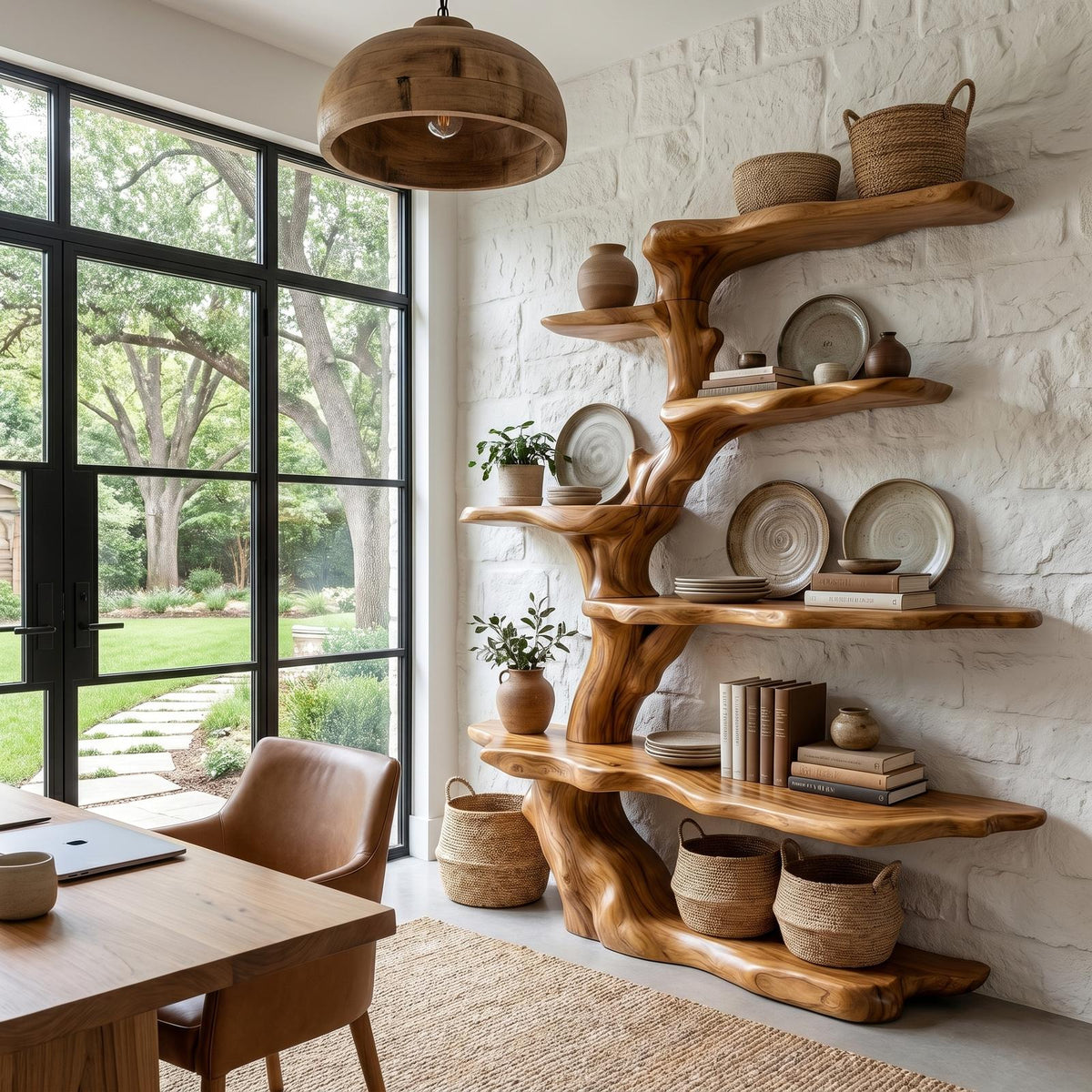 Sculptural Tree Bookshelf Natural Wood Storage For Reading Nook
