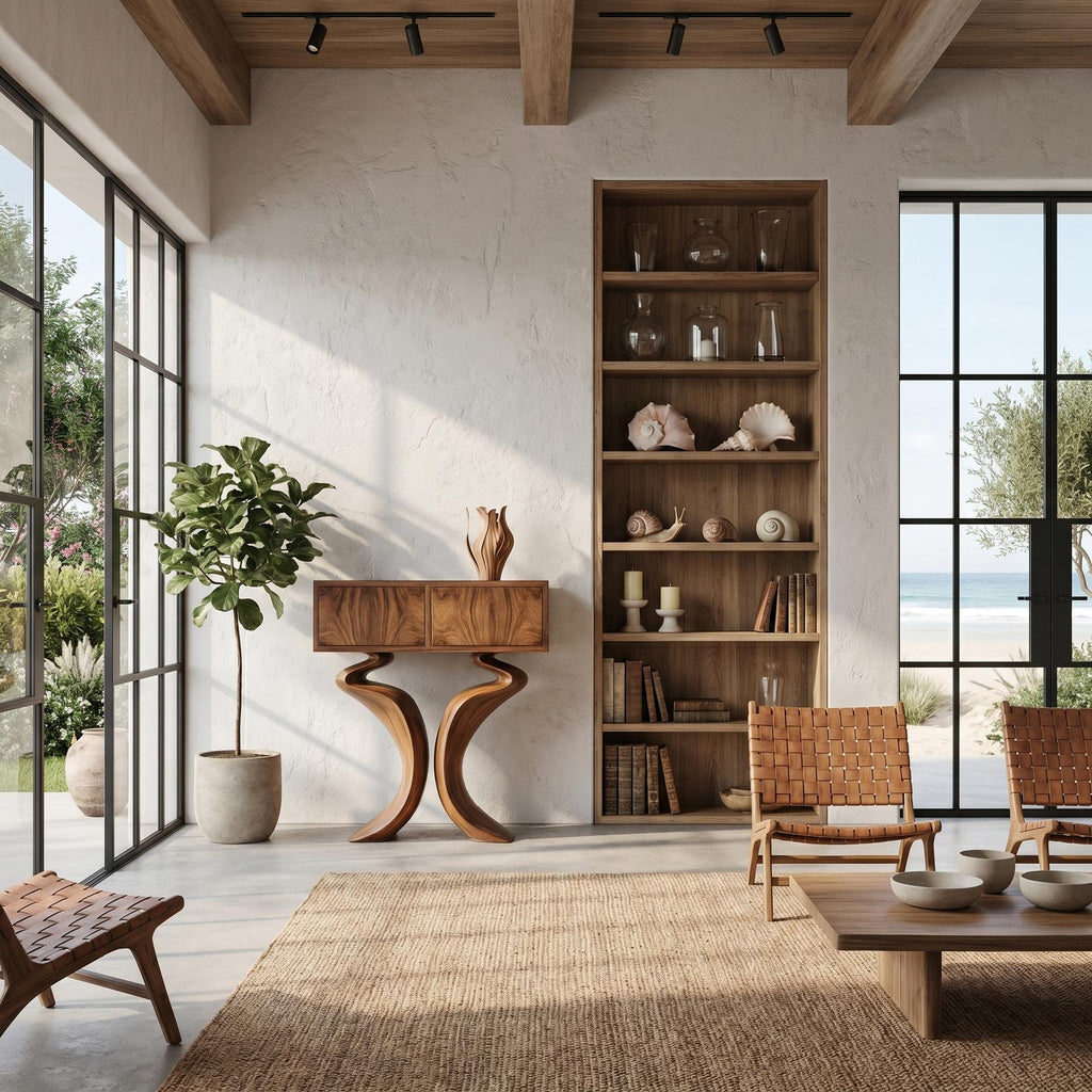 Organic Console Table With Hidden Storage Cabinet For Living Room And Entryway