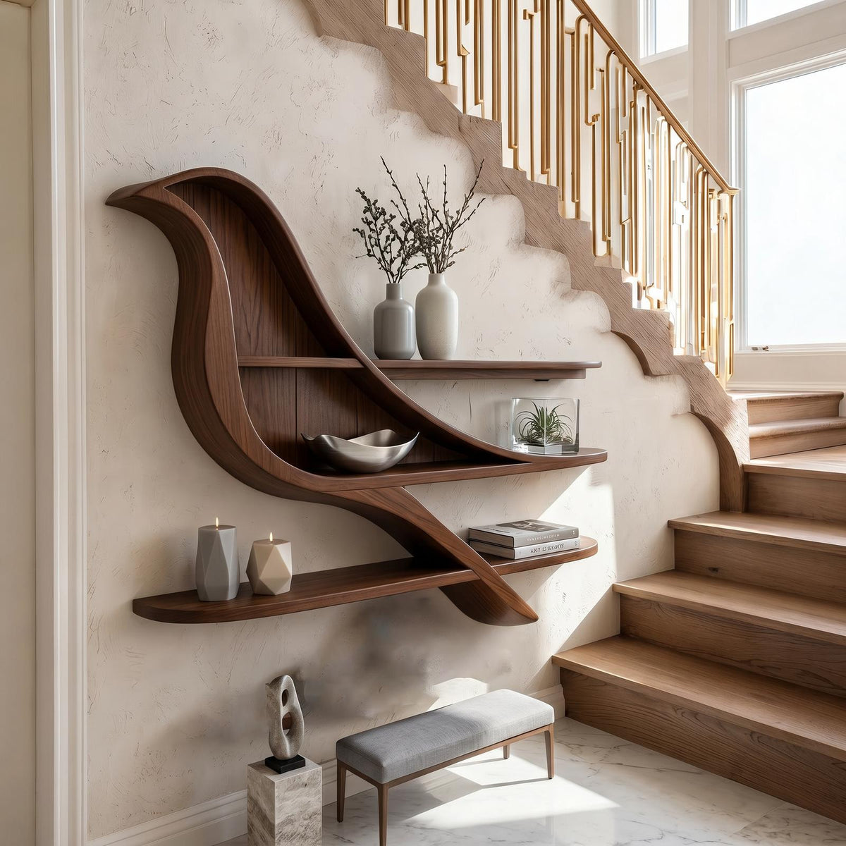 Organic Wave Bookshelf With Sculptural Wall Mounted Shelves For Living Room