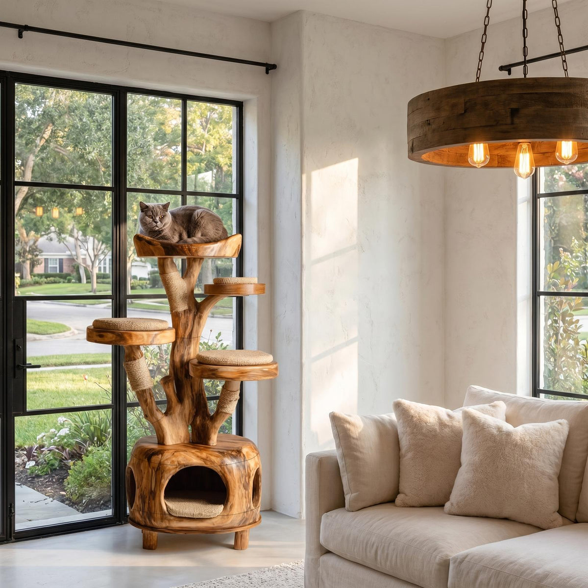 Nature Inspired Cat Tower With Cozy Hideaway Pet Bed For Home SINLHAPB012