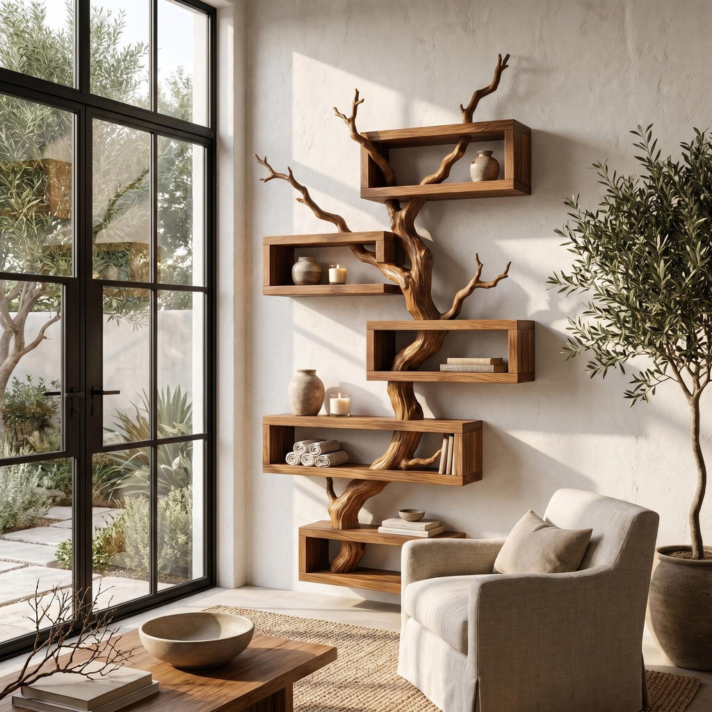 Modern Tree Branch Display Shelf With Floating Shelves For Home