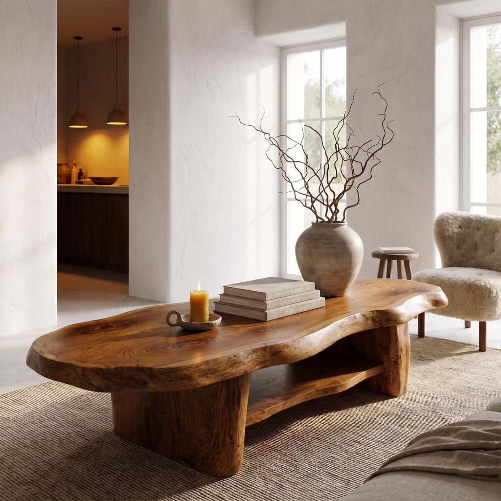 Nature Inspired Coffee Table With Sculptural Wood Base For Living Room