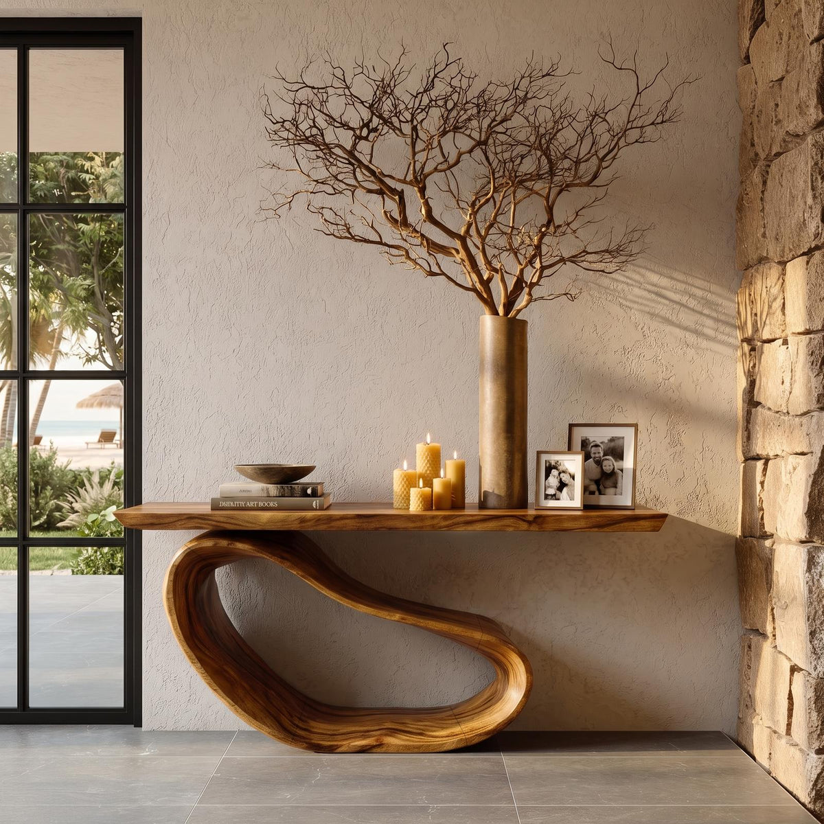 Minimalist Console Table With Sculptural Wood Base For Entryway