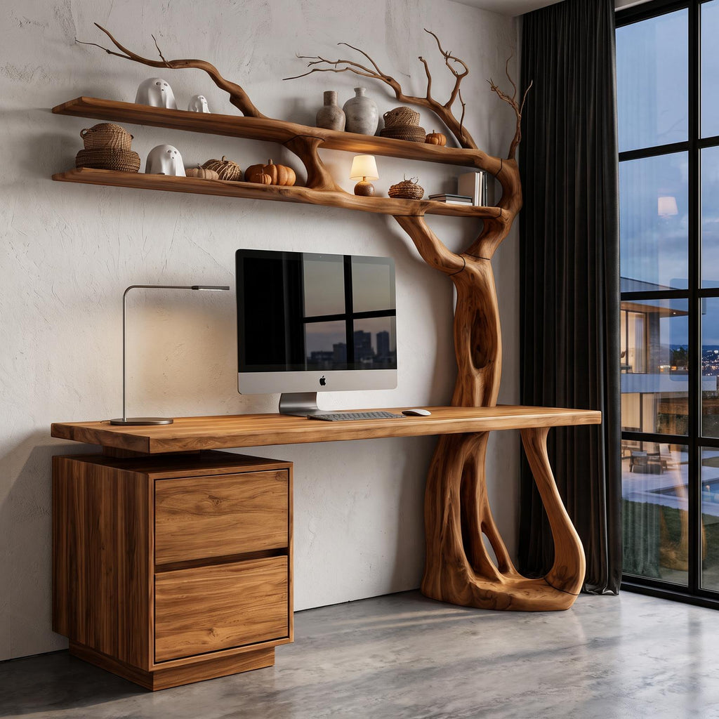 Natural Halloween Tree Desk With Spooky Branch Bookshelf For Bedroom