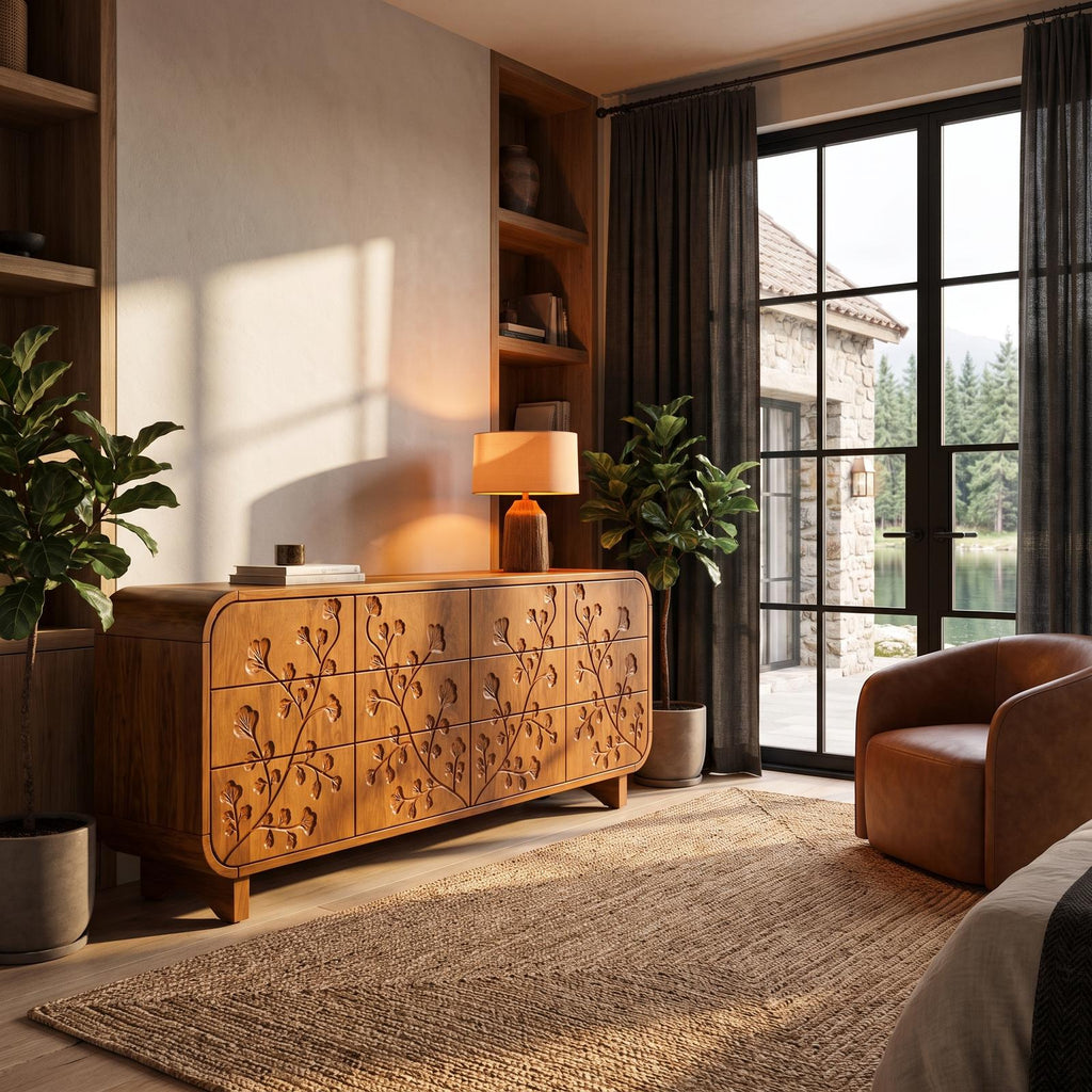 Minimalist All Wood Dresser With Subtle Leaf Carving And Soft Rounded Frame For Bedroom