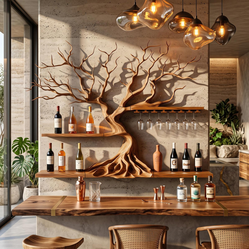 Modern Wooden Wine Rack With Sculptural Tree Frame For Kitchen And Dining Room