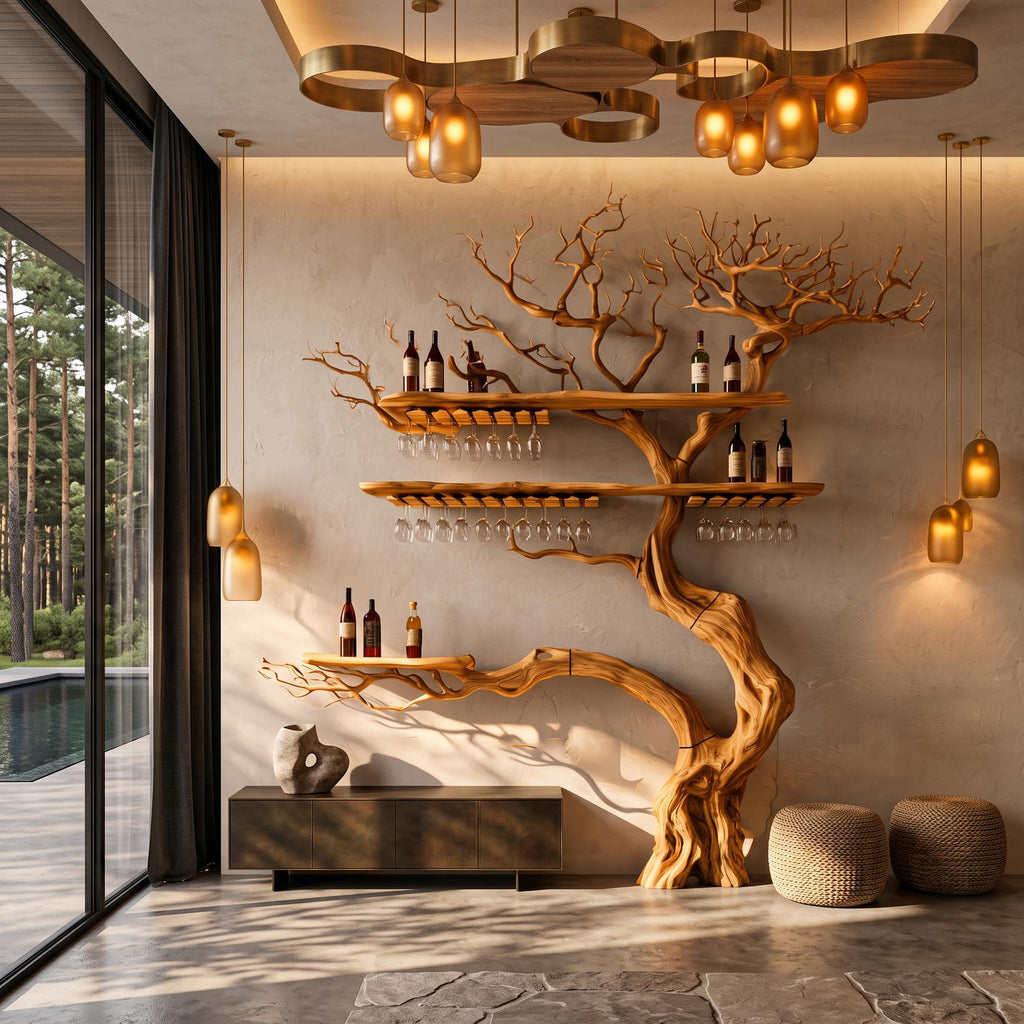 Farmhouse Wall Hanging Wine Rack With Rustic Tree Silhouette For Dining Room