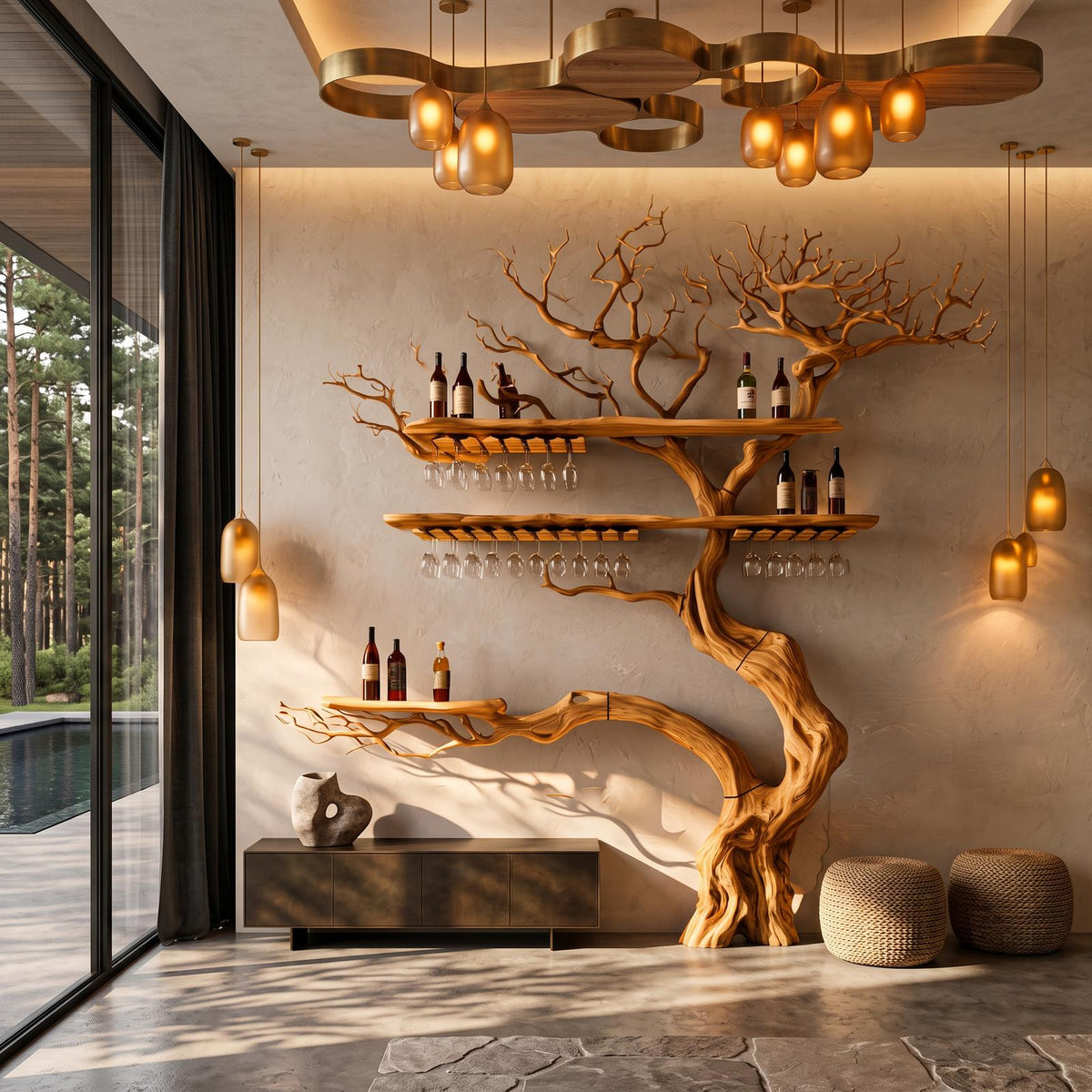 Farmhouse Wall Hanging Wine Rack With Rustic Tree Silhouette For Dining Room
