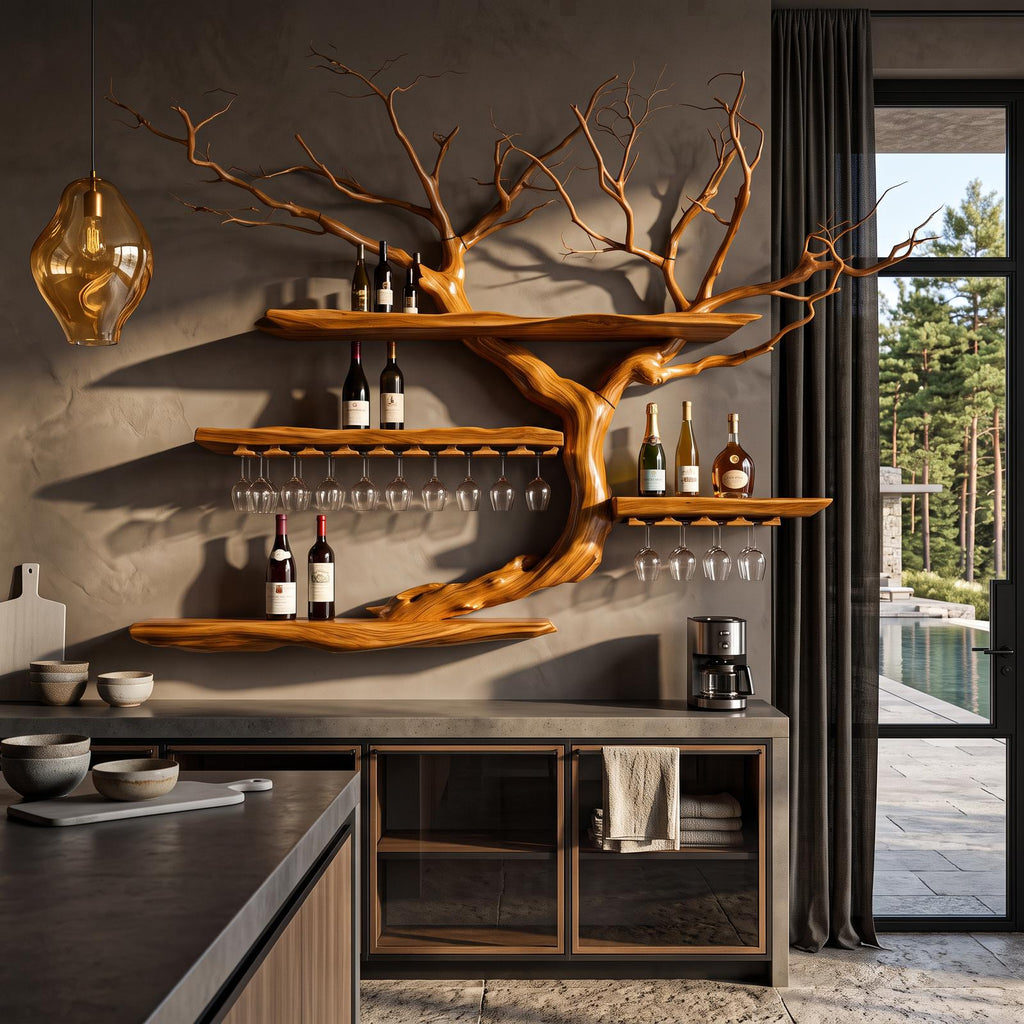 Organic Wine Storage Rack With Flowing Tree Limb Design For Dining Room