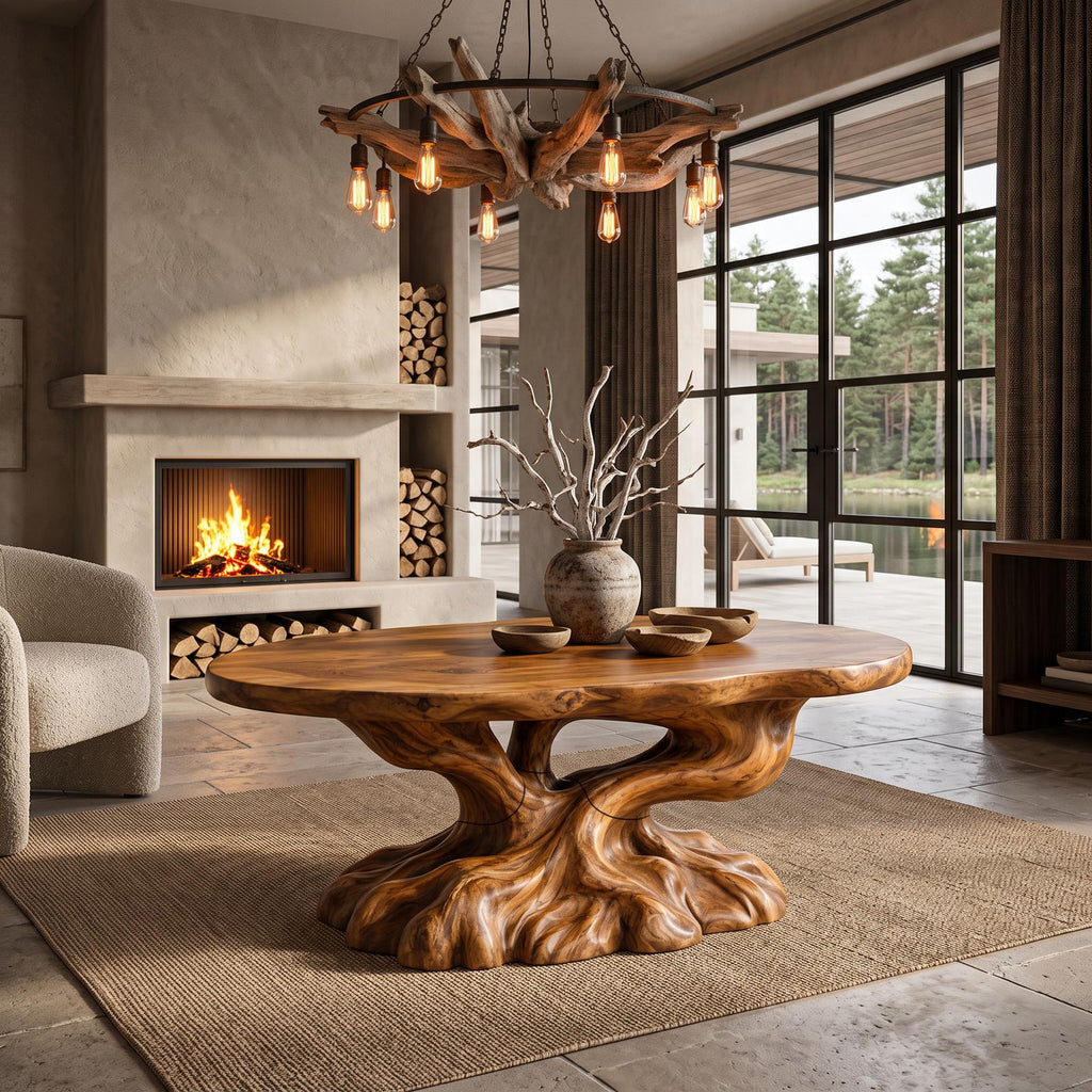Rustic Coffee Table With Tree Root Inspired Base For Living Room
