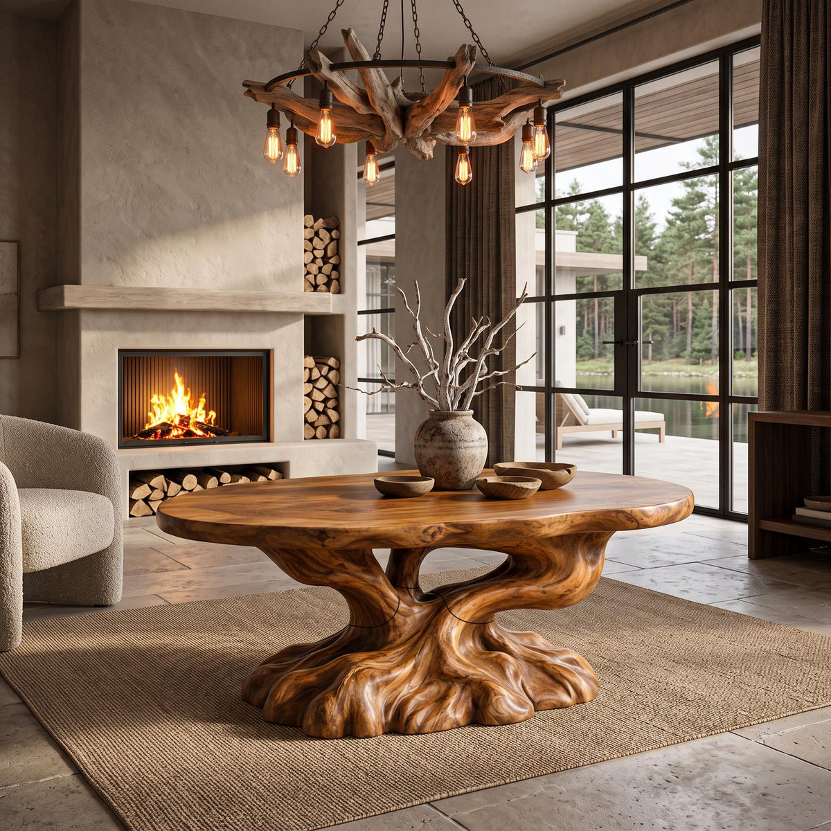 Rustic Coffee Table With Tree Root Inspired Base For Living Room