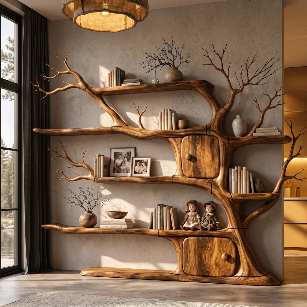 Rustic Wall Mounted Tree Bookshelf With Trunk Inspired Cabinet For Reading Room