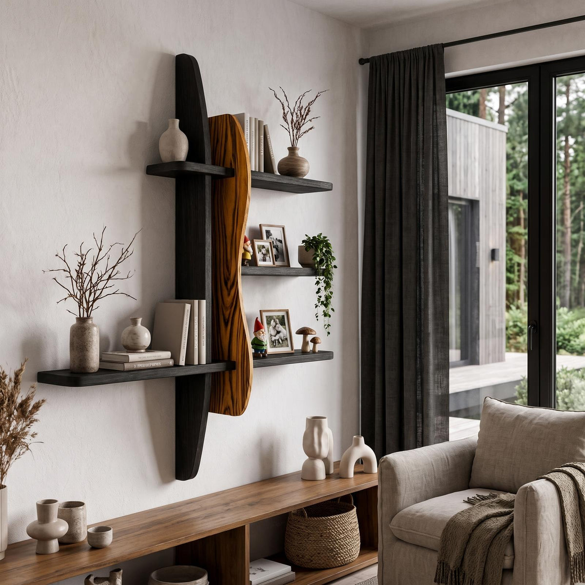 Modern Wall Bookshelf With Asymmetrical Open Shelves For Living Room