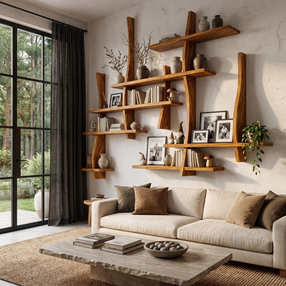 Rustic Floating Bookshelf With Layered Display Shelves For Home Library