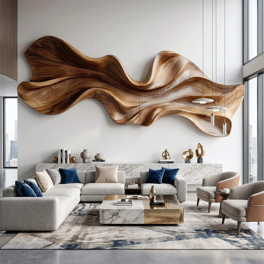 Modern Sculptural Wood Wall Decor, Handcrafted Abstract 3D Wooden Wall Art Panel for Office and Home Living Room