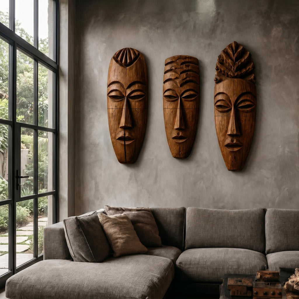 Tribal Wooden Wall Art Set, Hand-Carved African Mask Design Wooden Plaque for Entryway & Living Room