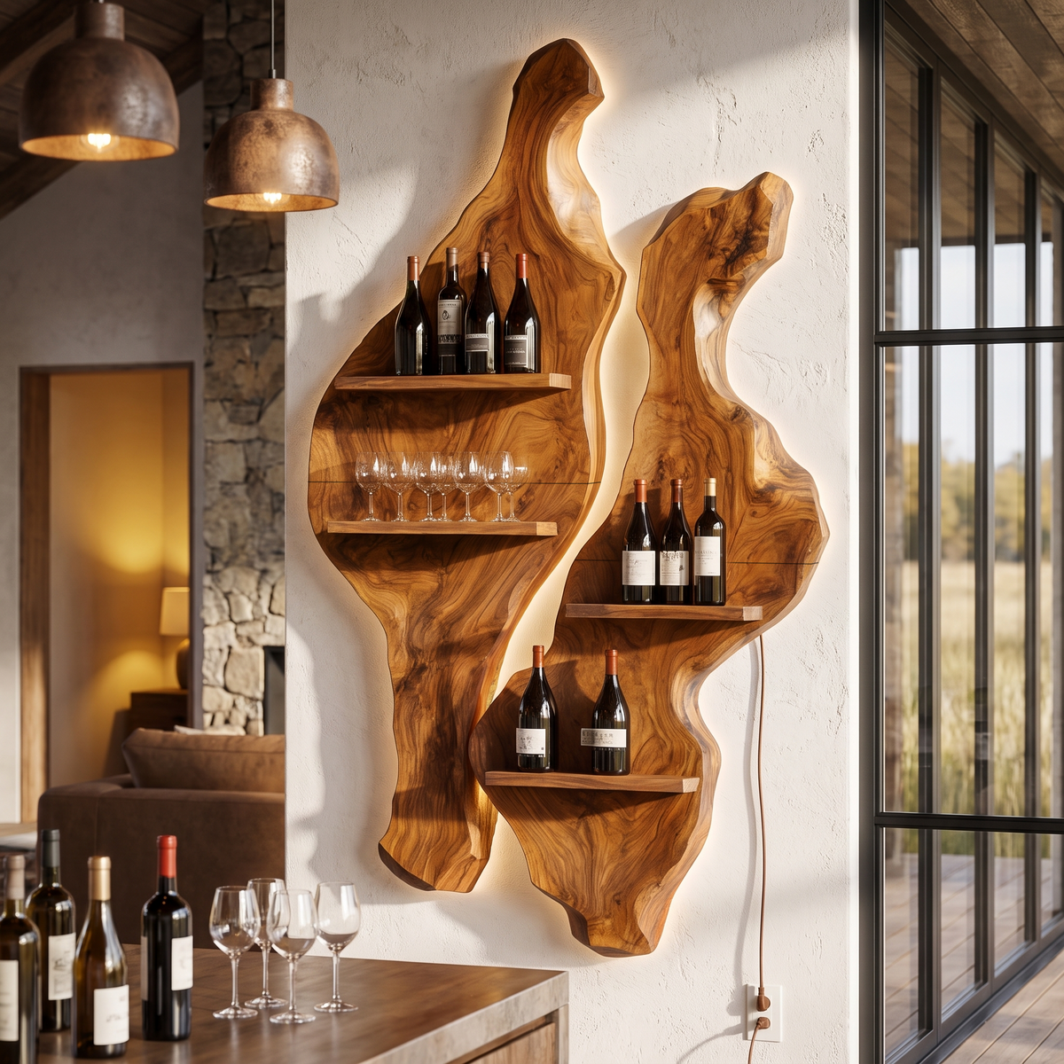 Rustic Sculptural Wine Holder Wall Mounted Bottle Storage