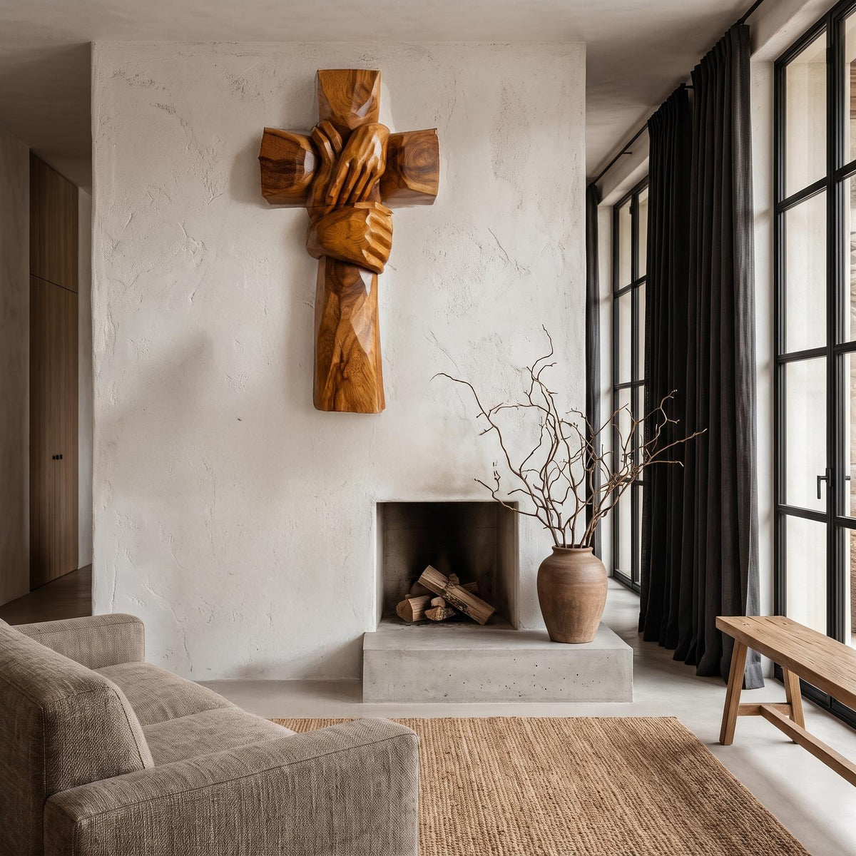 Rustic Wood Cross Wall Art With Praying Hands Design For Living Room And Prayer Room