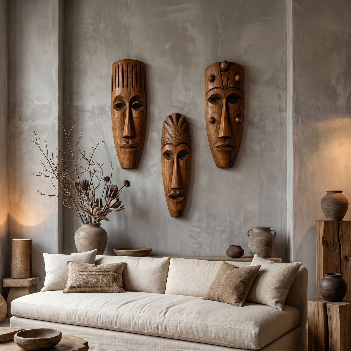 Hand-Carved Wooden Wall Art Set, Tribal Mask Decorative Wood Hanging Sculptures for Living Room & Entryway