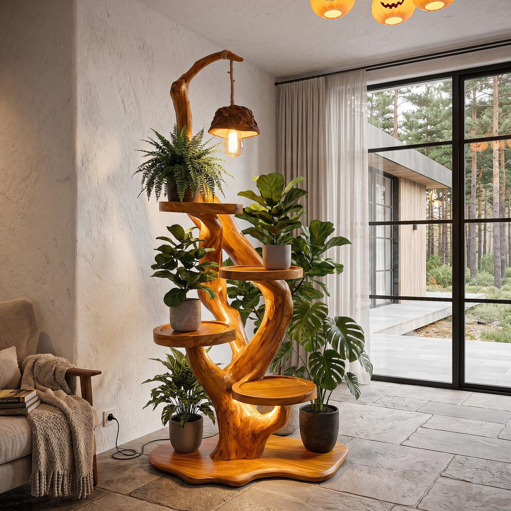 Rustic Halloween Tree Plant Stand With Hanging Lamp For Living Room