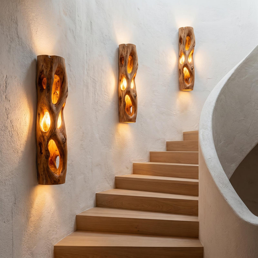 Sculptural Natural Wood Wall Sconce, Unique Handcrafted Solid Wood Wall Mounted LED Light for Living Room, Model