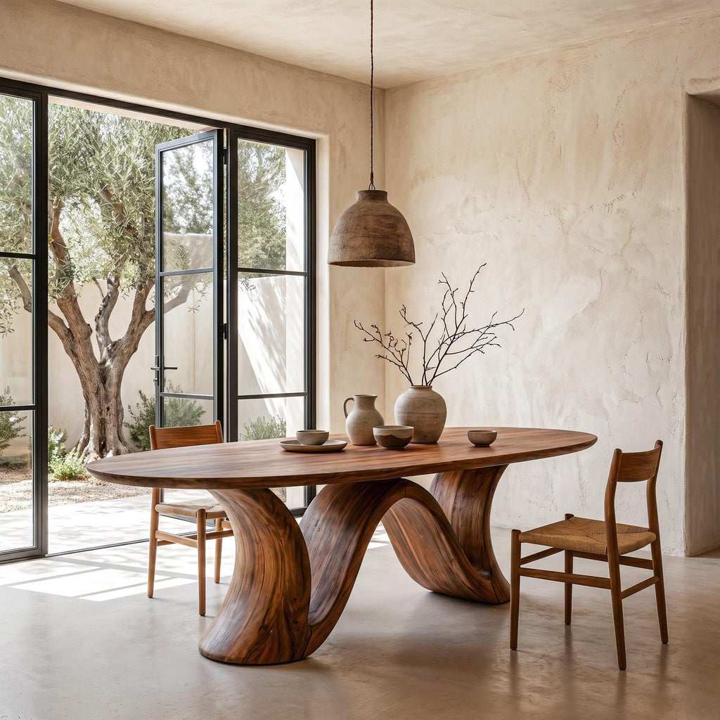 Organic Modern Round Dining Table, Handcrafted Solid Wood Pedestal Table for Dining Room & Kitchen