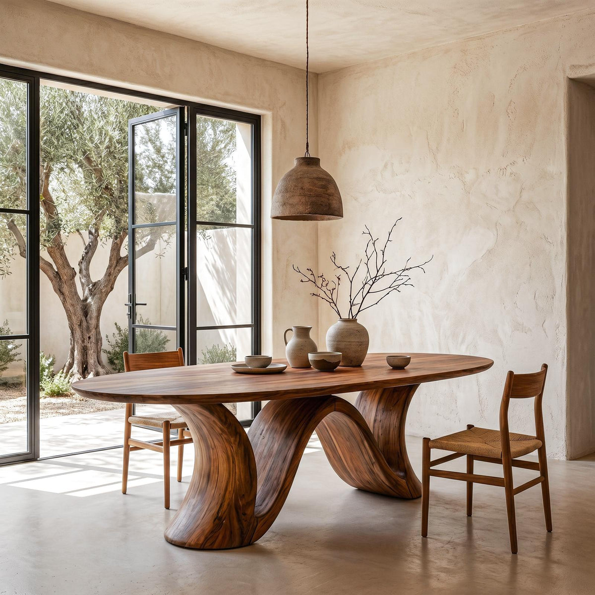 Organic Modern Round Dining Table, Handcrafted Solid Wood Pedestal Table for Dining Room & Kitchen