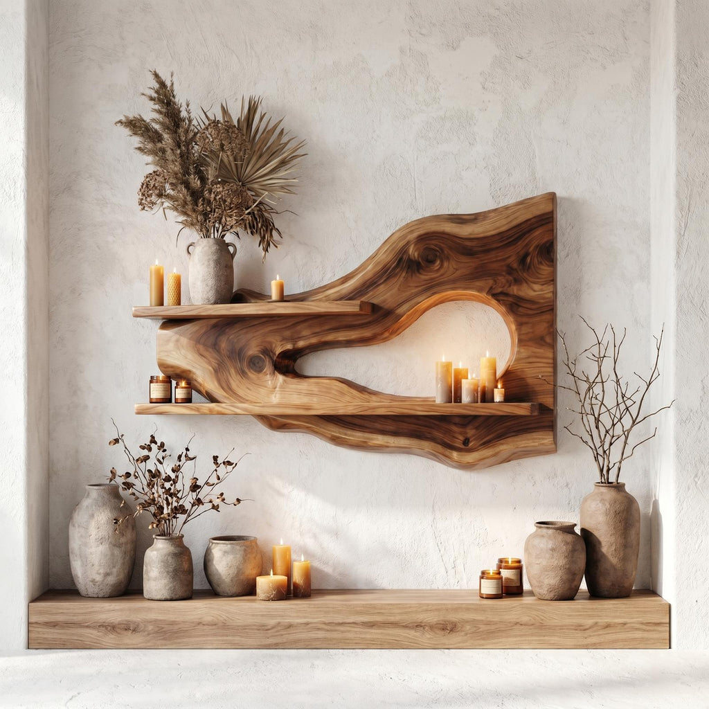 Modern Organic Floating Wall Shelf, Solid Wood Natural Edge Ledge for Entryway, Living Room Decorative Display
