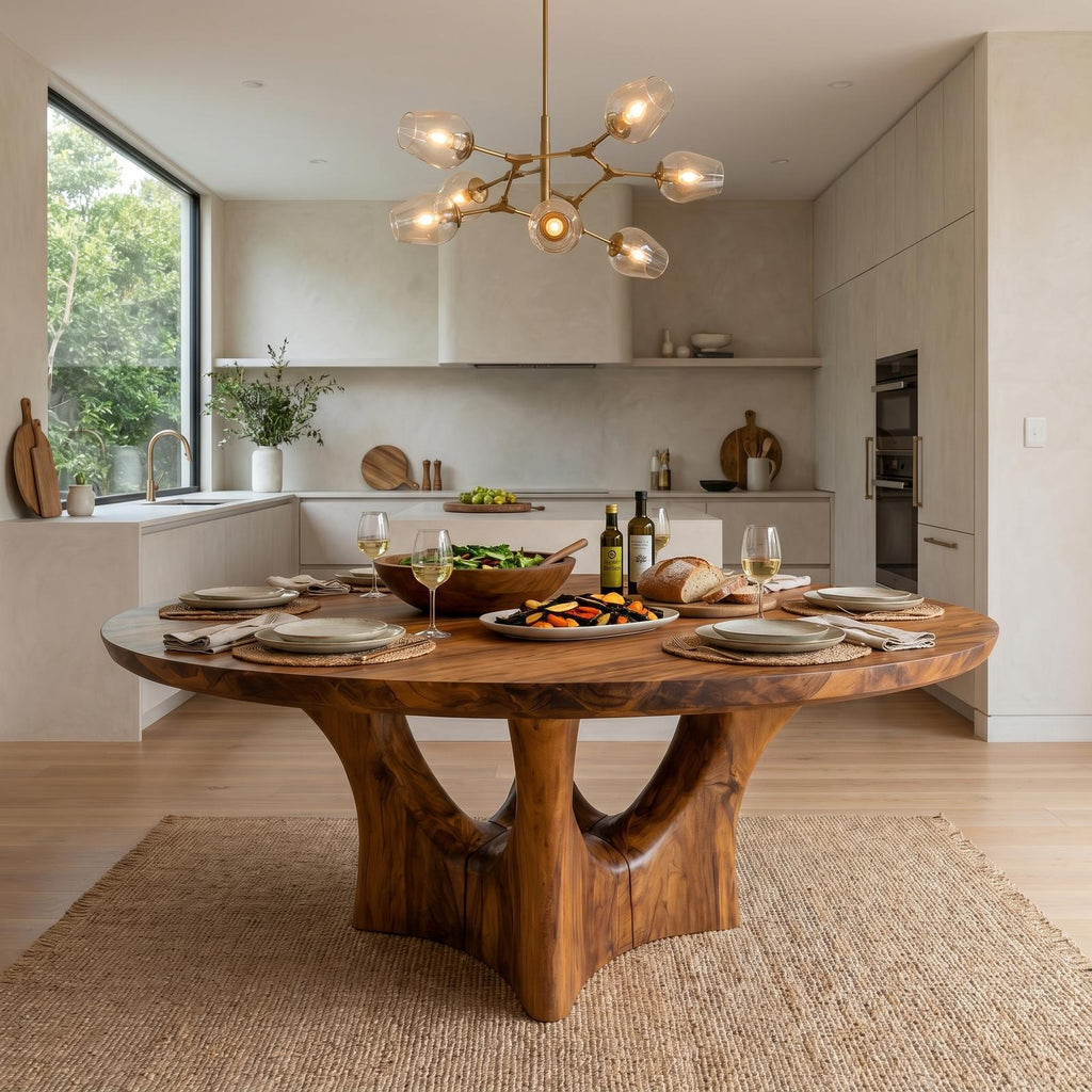 Spry Interior Contemporary Round Dining Table, Solid Wood Smooth Curved Pedestal Base Table for Kitchen & Dining Room, SINLHADT182