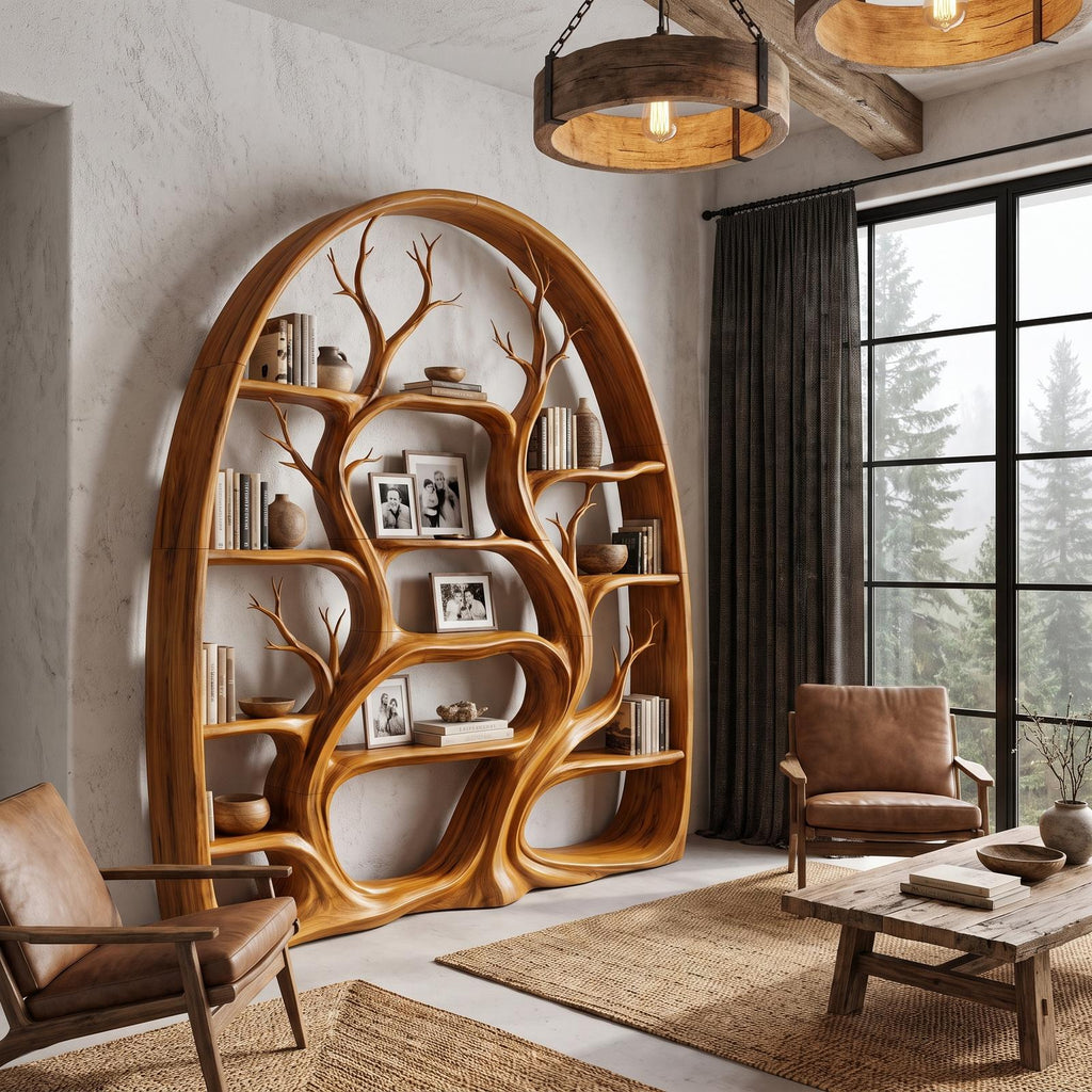 Organic Tree Bookshelf With Arched Branch Design For Living Room And Home Office