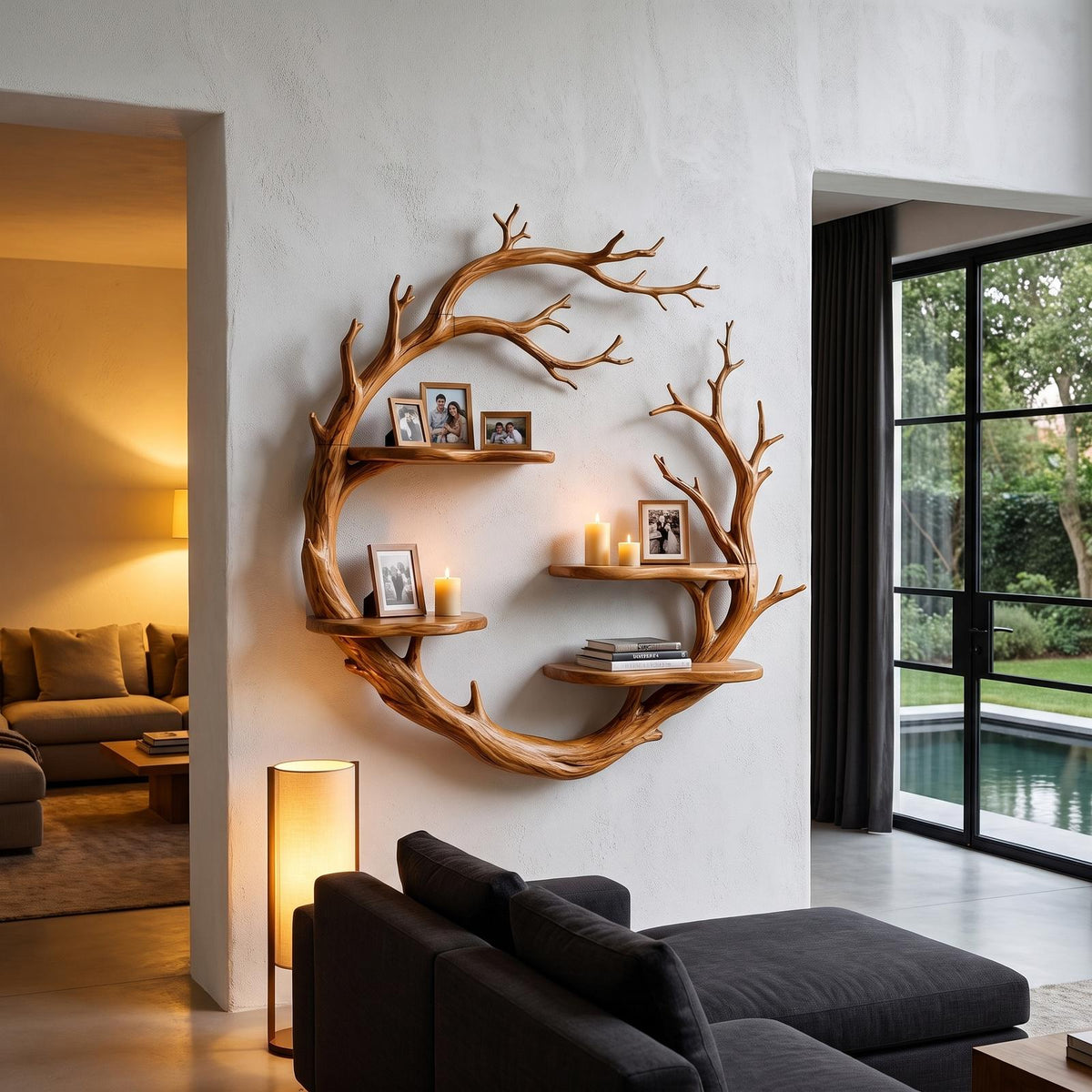 Contemporary Floating Shelf With Tree Branch Display Design For Living Room And Hallway SINLHAFL056
