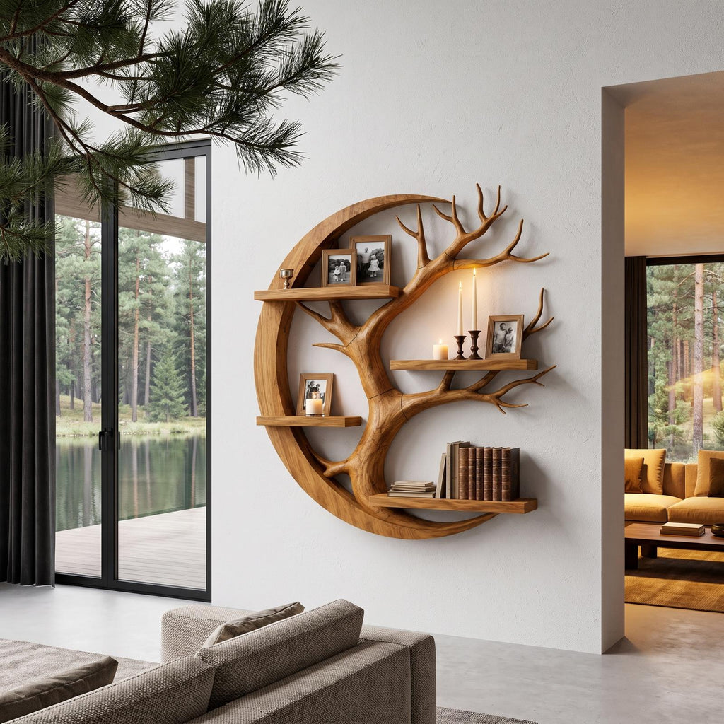 Rustic Floating Shelf With Tree Branch Wall Display For Living Room And Entryway