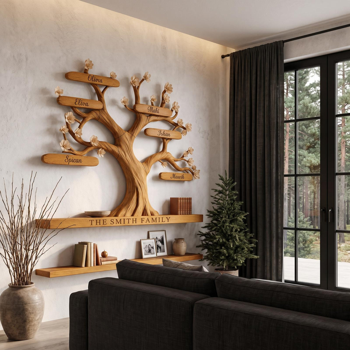 Organic Personalized Tree Wall Bookshelf With Custom Family Name For Living Room And Home Office