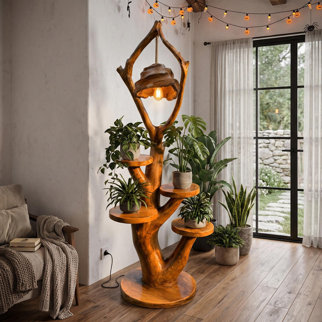 Modern Halloween Multi Tier Plant Stand With Sculptural Branch Shelves For Sunroom